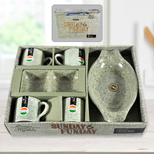 8240 Sunday Funday Ceramic Tea  Cups  Mug With Plastic Snacks Platter And 2 Compartment Chutney Bowl Milk Cup Coffee Cup Breakfast Cup Drinking Mug Or Outdoor For Household Gift For Birthday Wedding Party (6 Pcs Set)