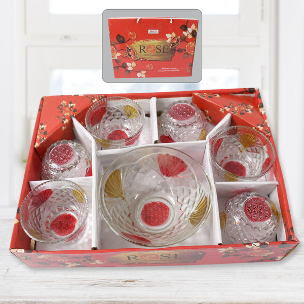 8234 Rose Glass Multipurpose Pudding  Dessert  Ice Cream Bowl Set For Home Use Home  Kitchen Serving Bowl For Sundae Sweets Snacks Fruit Pudding Nuts Or Dip Serving Bowls 6 Medium  1 Big Bowl (Set Of 7 Pc)