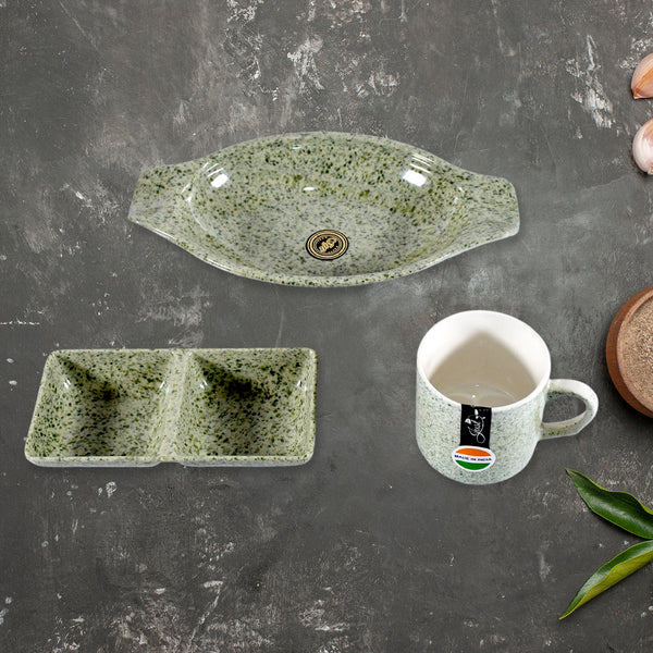 8240 Sunday Funday Ceramic Tea  Cups  Mug With Plastic Snacks Platter And 2 Compartment Chutney Bowl Milk Cup Coffee Cup Breakfast Cup Drinking Mug Or Outdoor For Household Gift For Birthday Wedding Party (6 Pcs Set)