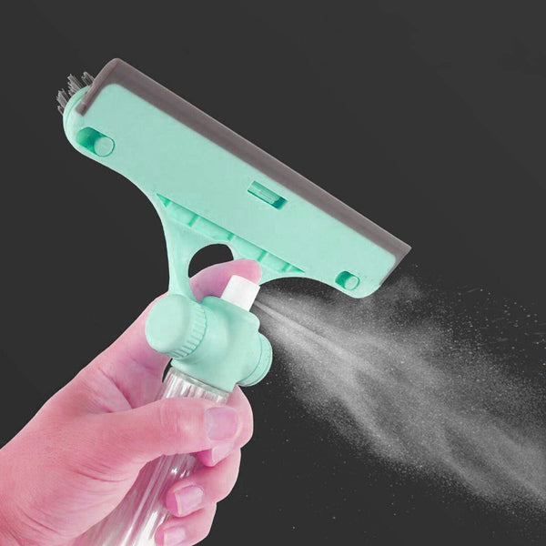 4167 4 In 1 Multifunctional Glass Scraper Window Glass Wiper With Watering Can Silicon Cleaning Squeegee With Two Brush Heads Practical Squeegee For Shower Doors Windows Tiles And Car Glass