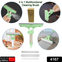 4167 4 In 1 Multifunctional Glass Scraper Window Glass Wiper With Watering Can Silicon Cleaning Squeegee With Two Brush Heads Practical Squeegee For Shower Doors Windows Tiles And Car Glass